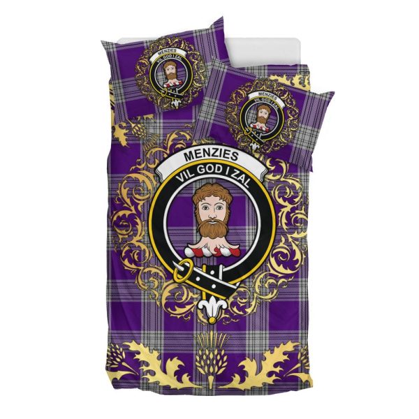 Menzies Mauve and White Tartan Crest Bedding Set - Golden Thistle Style For Discount