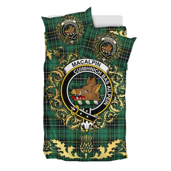 MacAlpin (MacAlpine) Ancient Tartan Crest Bedding Set - Golden Thistle Style For Sale