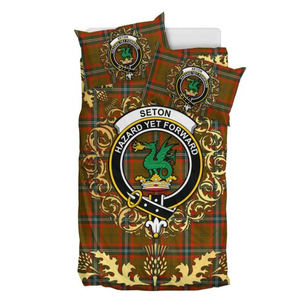 Seton Hunting Modern Tartan Crest Bedding Set - Golden Thistle Style For Discount