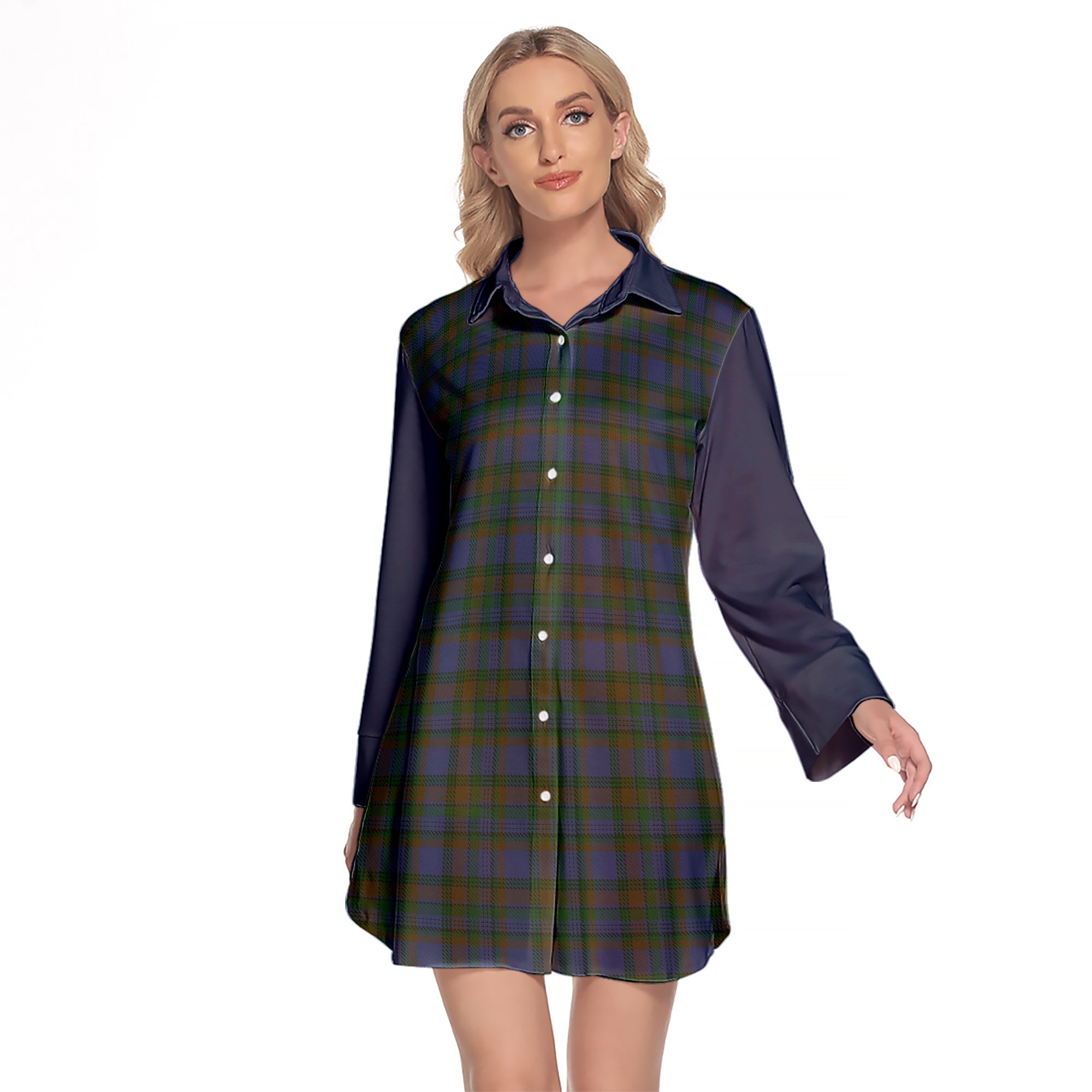 NovaScotia District Tartan Women s Lapel Shirt Dress With Long Sleeve on Sale