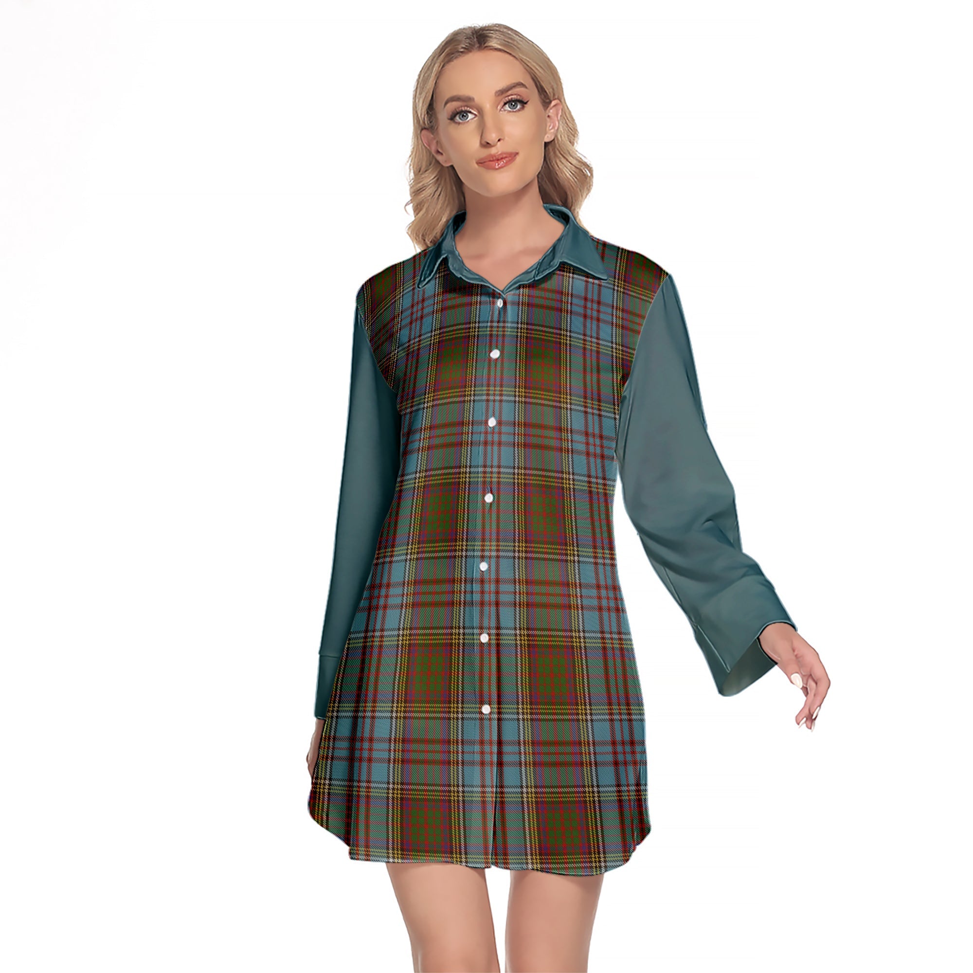 Anderson Tartan Women s Lapel Shirt Dress With Long Sleeve For Discount