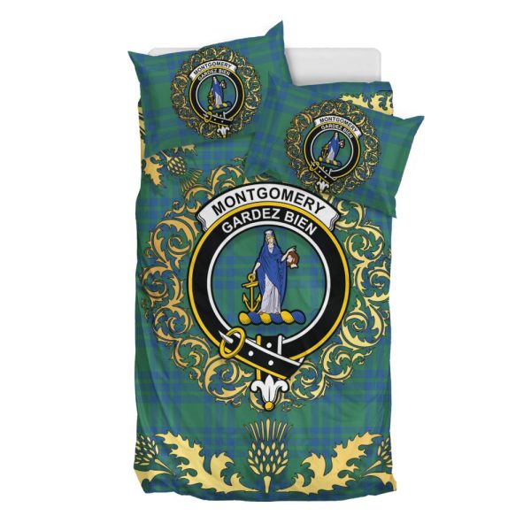 Montgomery Ancient Tartan Crest Bedding Set - Golden Thistle Style For Cheap