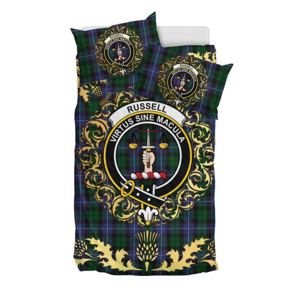 Russell or Mitchell or Hunter or Galbraith Tartan Crest Bedding Set - Golden Thistle Style Hot on Sale