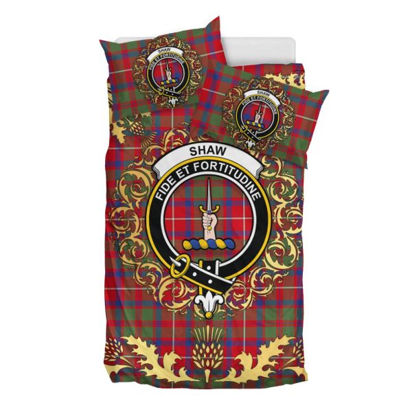 Shaw Red Modern Tartan Crest Bedding Set - Golden Thistle Style Online