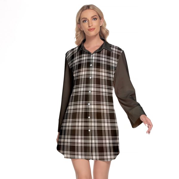 Menzies Black And White Tartan Women s Lapel Shirt Dress With Long Sleeve Online now